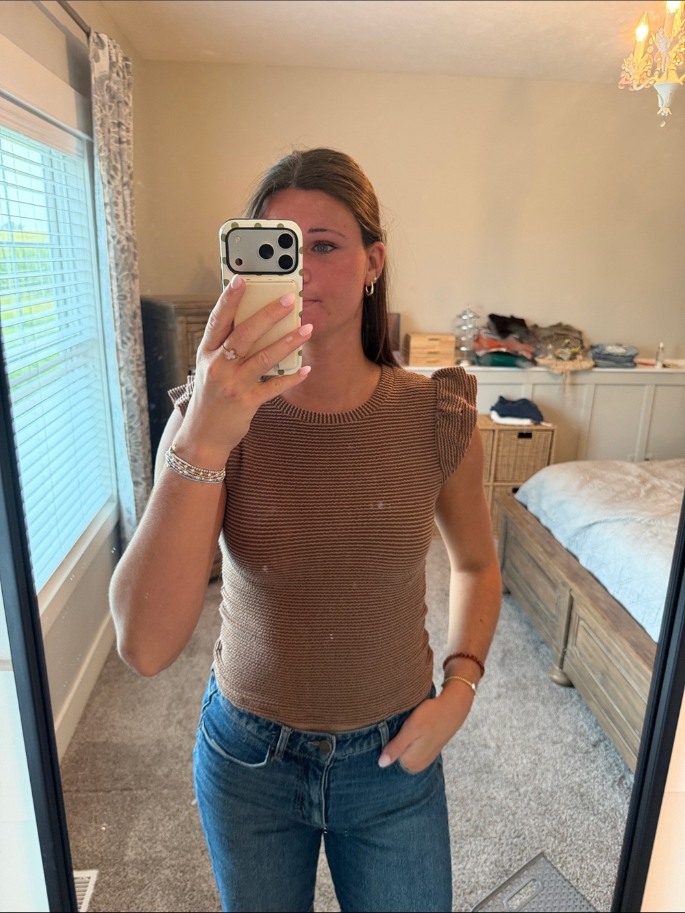 Ribbed Knit Puff Sleeve Tank - Brown